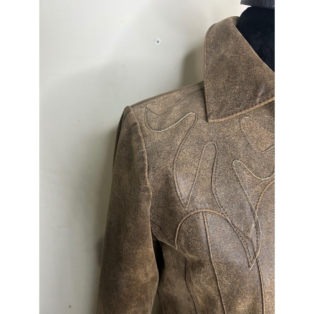 Vintage Leather Jacket Womens M Brown Distressed Flame Embroidery Western Good - Picture 5 of 17